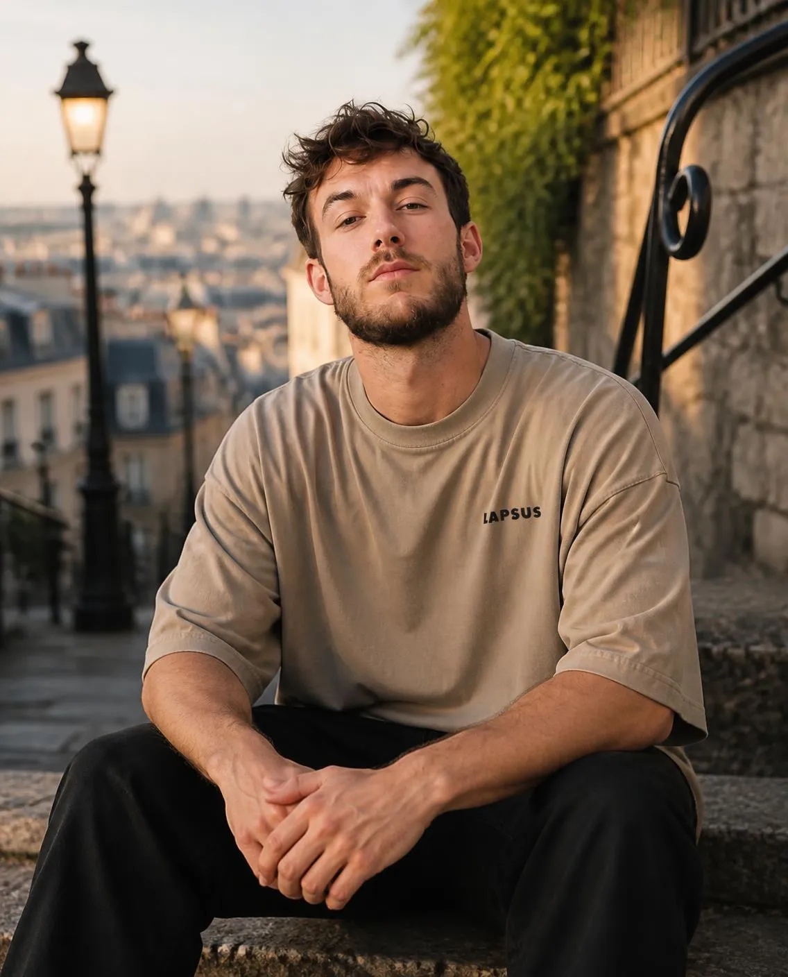 Beige T-shirt seated on stone steps