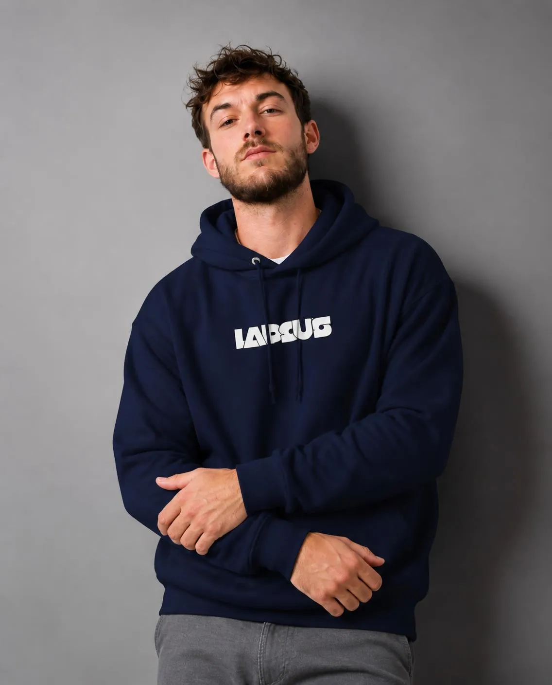 Midnight blue hoodie in the studio