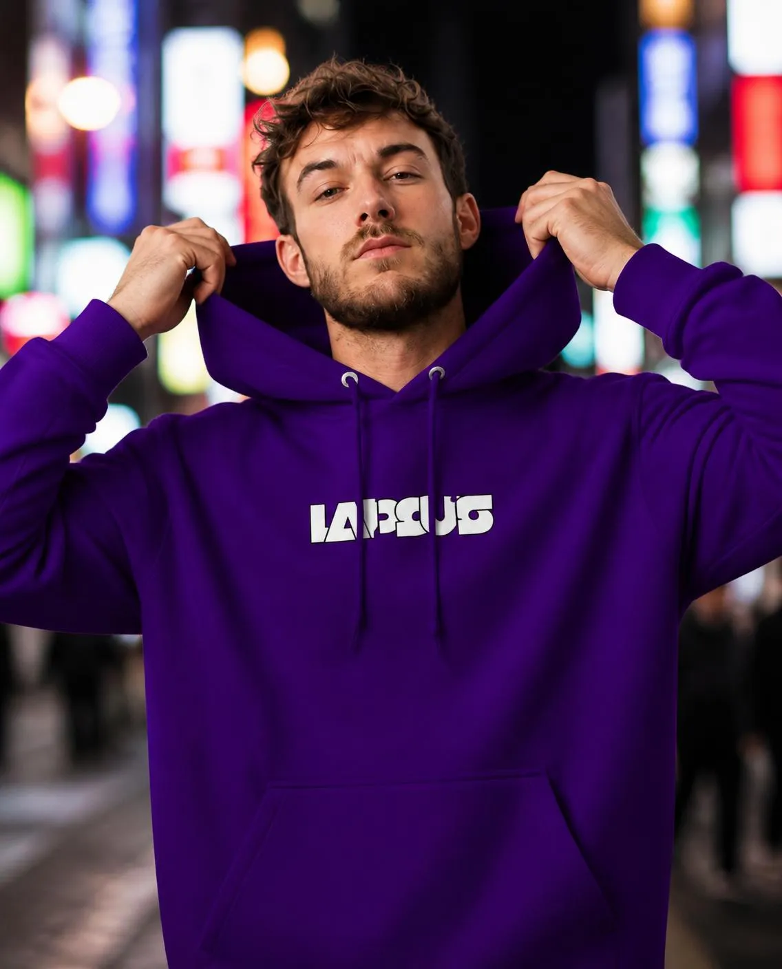 Purple hoodie, hood up