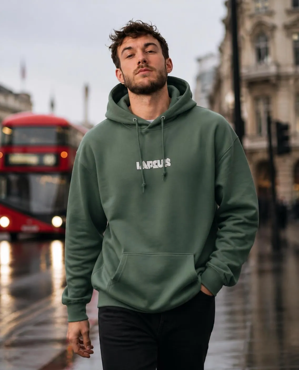 Green hoodie on a London street