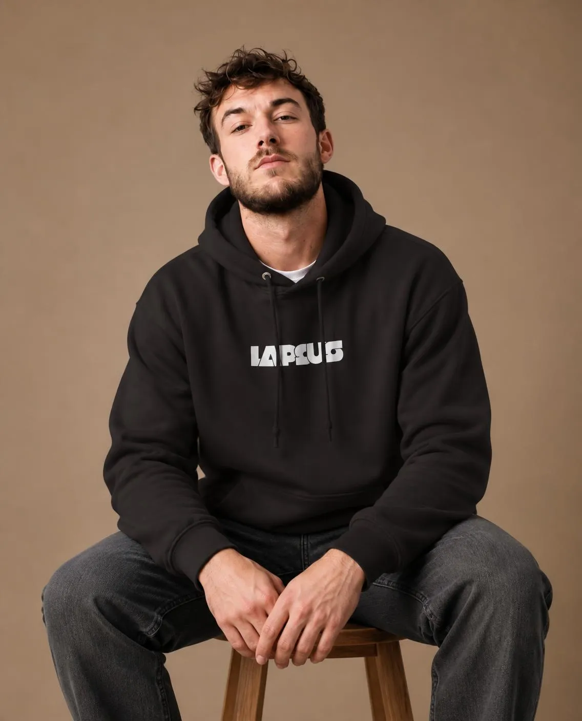 Black hoodie, seated in the studio