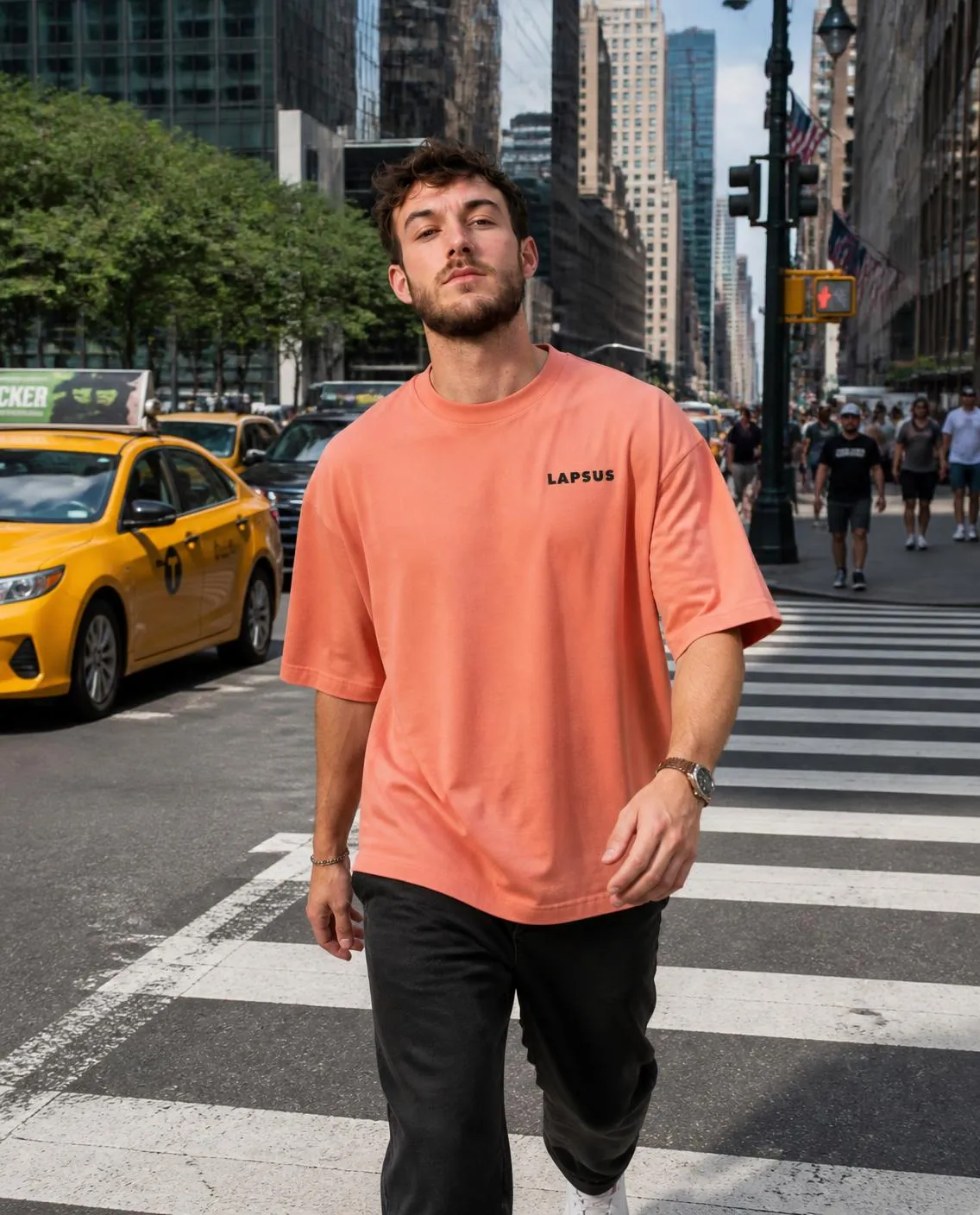 Salmon T-shirt on a crosswalk